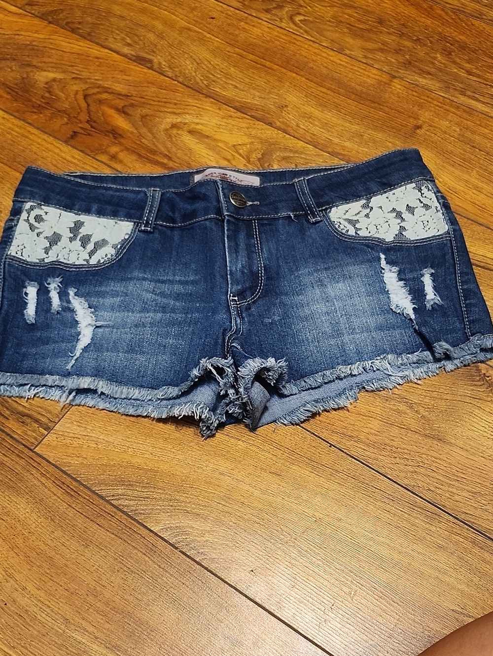 iris Dark Blue Distressed Denim Shorts with White Lace Pockets